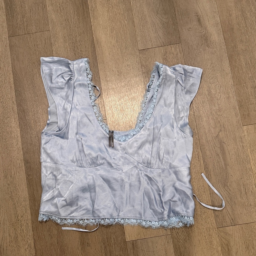 Anthropology Light Blue Lace Trim Satin Crop Top